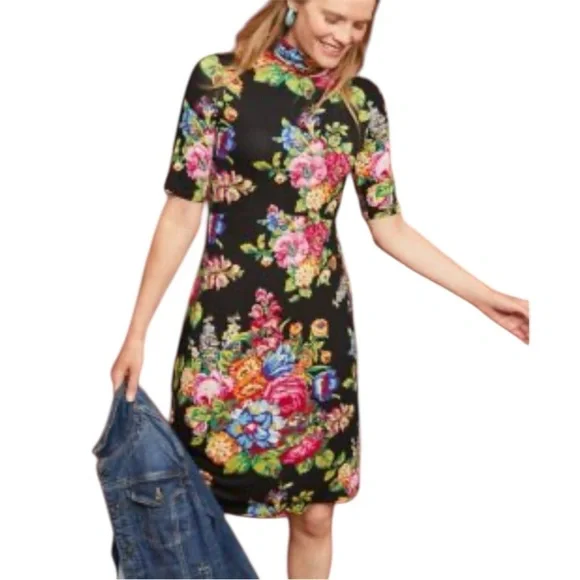 Anthropologie ett:twa Coreyell Black Floral Turtleneck Short Sleeve Dress S - Picture 1 of 6